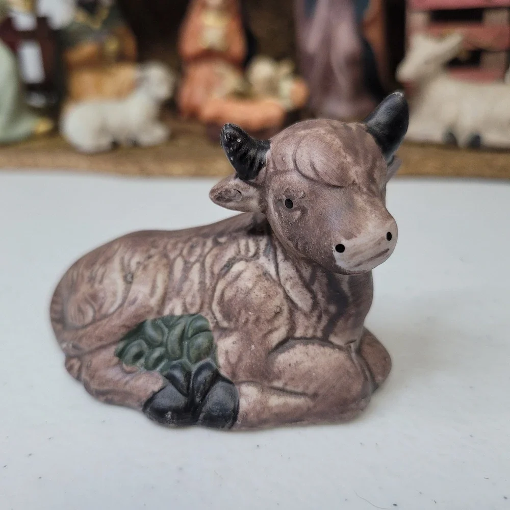 Ceramic Nativity‎ Wooden Moss Manger Religious Scene Handmade Vintage Mixed Race